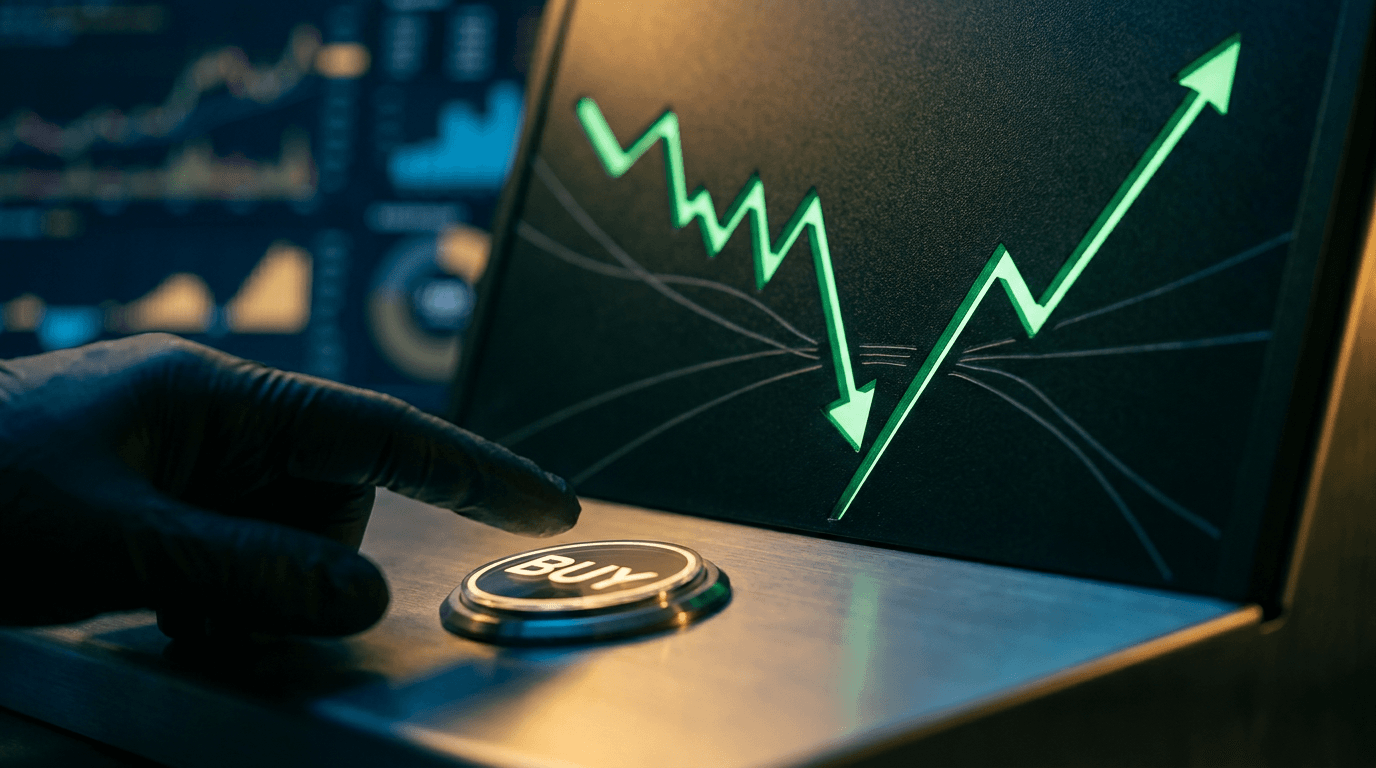 A stock market chart displayed on a screen shows a classic "dip and recovery" pattern, with a bold downward arrow followed by a sharp upward surge, rendered in vivid green against a dark financial dashboard background. In the foreground, a hand hovers hesitantly over a "buy" button, suggesting the moment of decision rather than blind action. The overall composition conveys both the temptation and the complexity of timing the market, with subtle visual cues like diverging trend lines hinting that