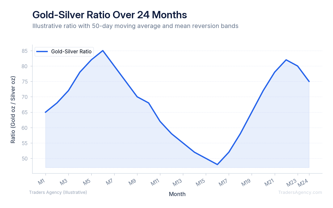 Line chart of gold-silver ratio fluctuating between 40 and 90 over 24 months with mean reversion bands