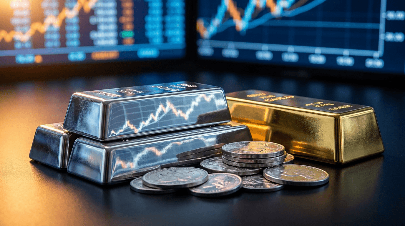 A dramatic close-up of gleaming silver bars and coins arranged alongside a single gold bar, with a bold price chart graph reflected in the polished metallic surfaces.