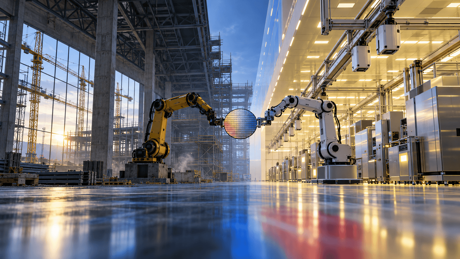 A half-built industrial fab hall transitions into a glowing cleanroom, with two robotic arms reaching toward each other over a suspended silicon wafer, symbolizing an unfinished partnership between construction and advanced chip manufacturing.