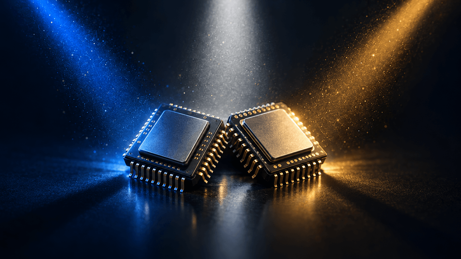 Two closely placed semiconductor chip modules lit by three distinct colored light beams converging from different directions against a dark studio background.