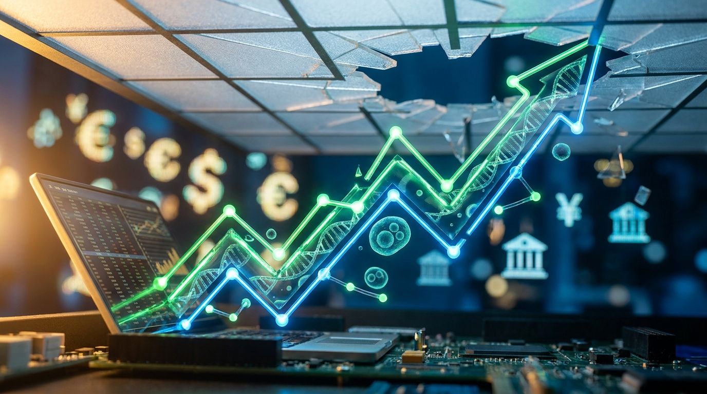 A sharp, dynamic visual of a glowing green upward-trending stock chart breaking through a ceiling or barrier, set against a dark financial backdrop with subtle DNA helix or molecular structures woven into the chart lines.