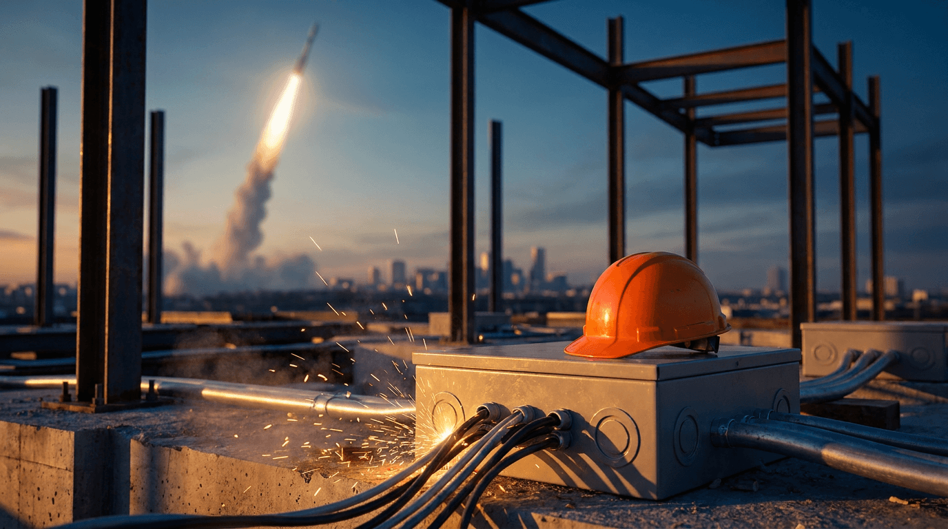 A split composition showing Wall Street's gleaming rocket (representing SpaceX hype) launching in the background, while in the sharp foreground, a hard-hatted worker oversees massive data center construction with electrical infrastructure a