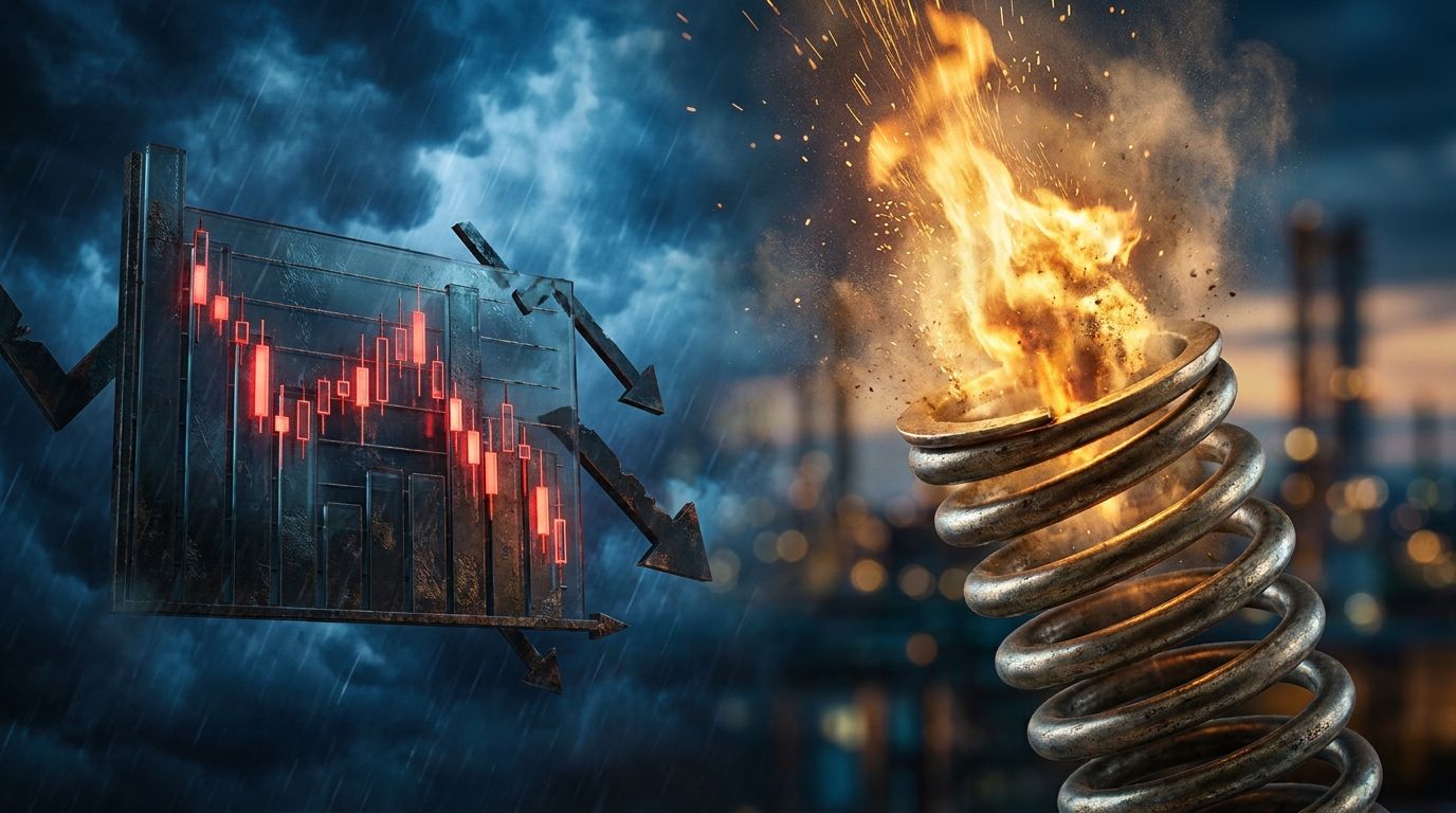 A dramatic split-scene image showing a dark, stormy financial chart with a sharp downward trend on one side, while on the other side a coiled spring or compressed flame bursts upward with explosive energy. The contrast between the bearish red candlestick patterns and the igniting fire symbolizes hidden buying pressure building beneath the surface of a market selloff. The overall mood is tense and electric, suggesting something powerful is about to be unleashed.