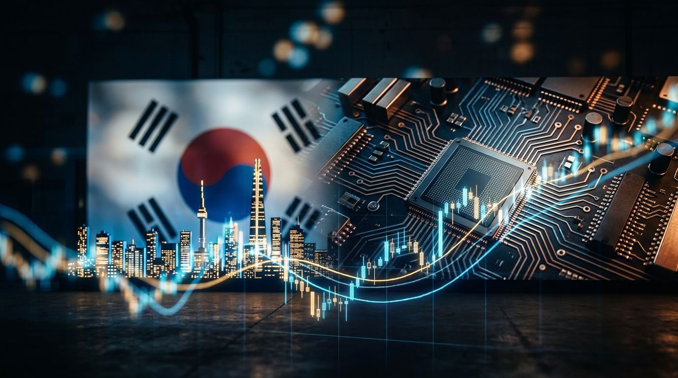 A split-composition image showing a glowing South Korean flag or Seoul skyline on one side seamlessly merging into a dense circuit board or semiconductor chip pattern on the other, symbolizing the fusion of emerging markets with AI technolo