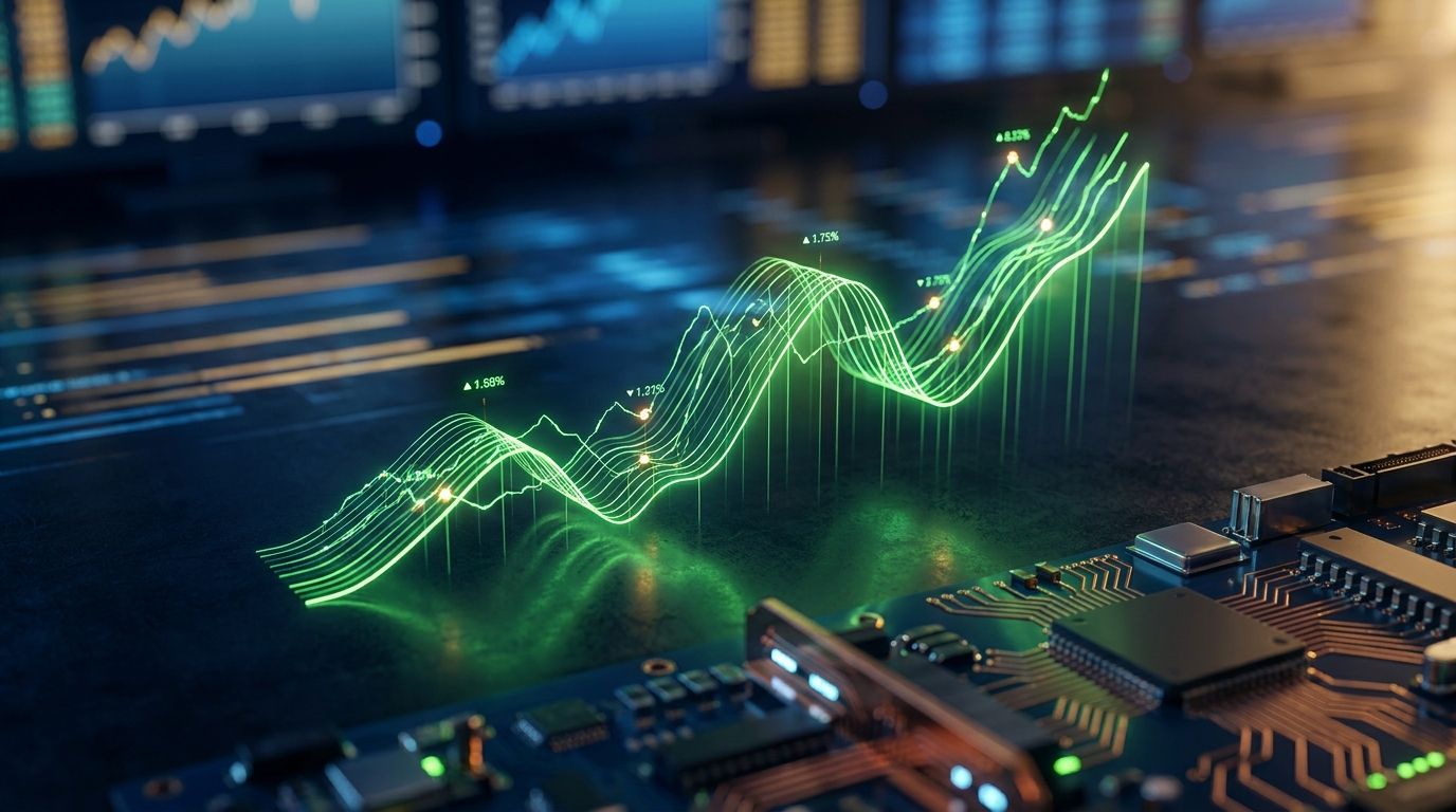 A dynamic upward-trending stock chart rendered in bold green lines surges dramatically against a dark financial dashboard background, with glowing data points and percentage indicators suggesting explosive growth momentum.