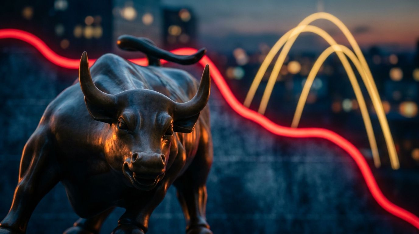 A dramatic downward-trending stock market graph rendered in bold red against a dark background, with the iconic Wall Street bull statue slightly blurred in the foreground.