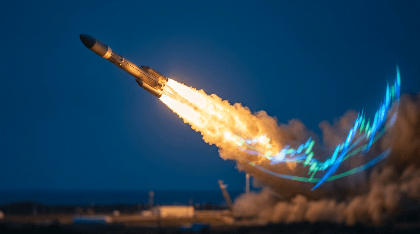 A SpaceX rocket launching powerfully into a clear sky, with stock market chart lines subtly overlaid or reflected in the rocket's exhaust plume, showing an upward trajectory. The rocket's ascent visually mirrors a bull market recovery, with the vastness of space above suggesting unlimited upside potential. The scene should feel optimistic and energetic, blending the excitement of space exploration with the momentum of financial markets breaking to new highs.