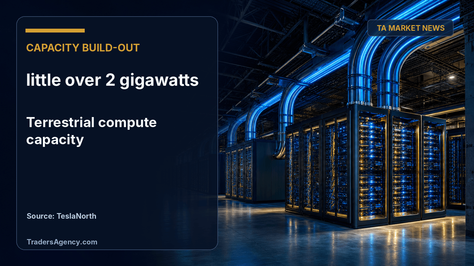 Illustration of a large data center hall with glowing server racks and overhead power conduits, symbolizing SpaceX's growing AI compute capacity.