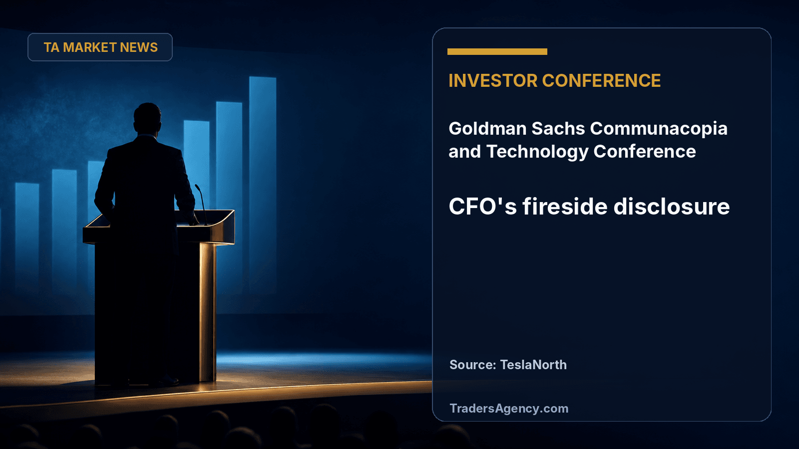 Illustration of an executive silhouette on a conference stage with abstract glowing revenue bars behind them.