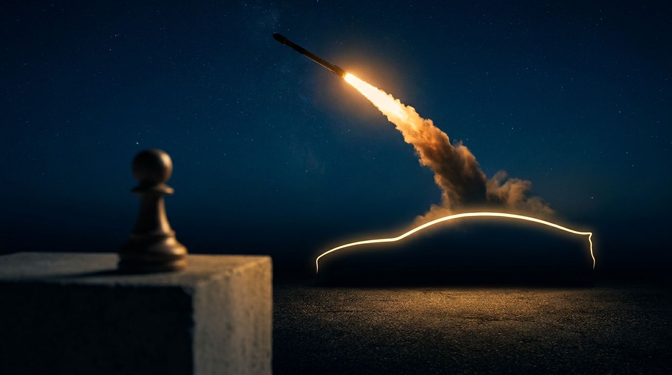 A sleek SpaceX rocket launching dramatically into a starfield, but instead of a normal trajectory, its flight path curves back down to merge with a Tesla logo or electric car silhouette on the ground below.