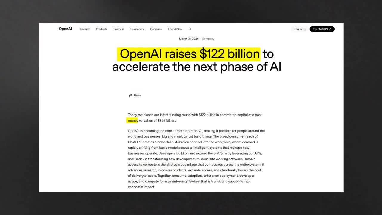 OpenAI press release dated March 31, 2026, announcing $122 billion funding round at a post-money valuation of $852 billion to accelerate the next phase of AI