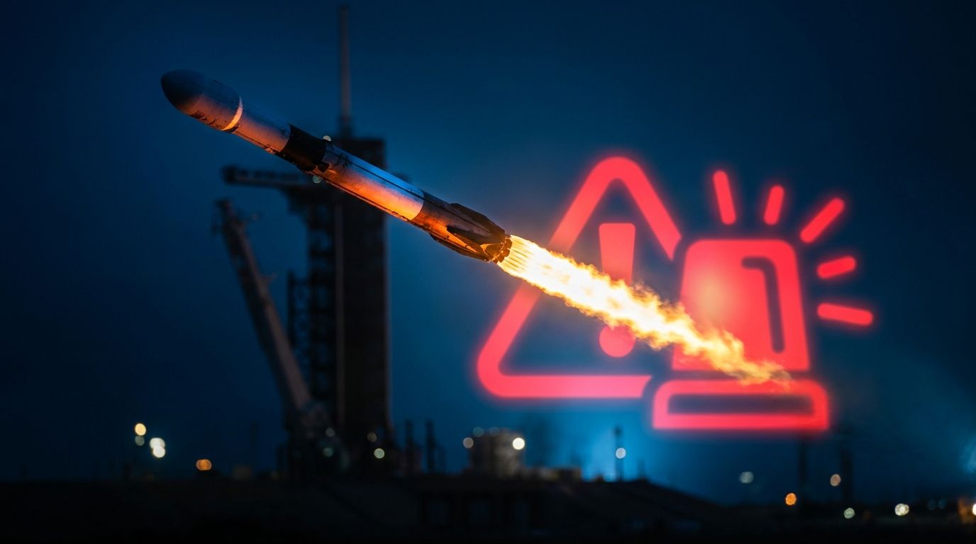 A SpaceX Falcon 9 rocket launches dramatically against a dark sky, trailing a brilliant cone of fire and smoke, with a bold stock chart or price tag graphic superimposed — one arrow pointing skyward alongside a glaring "OVERVALUED" red warn