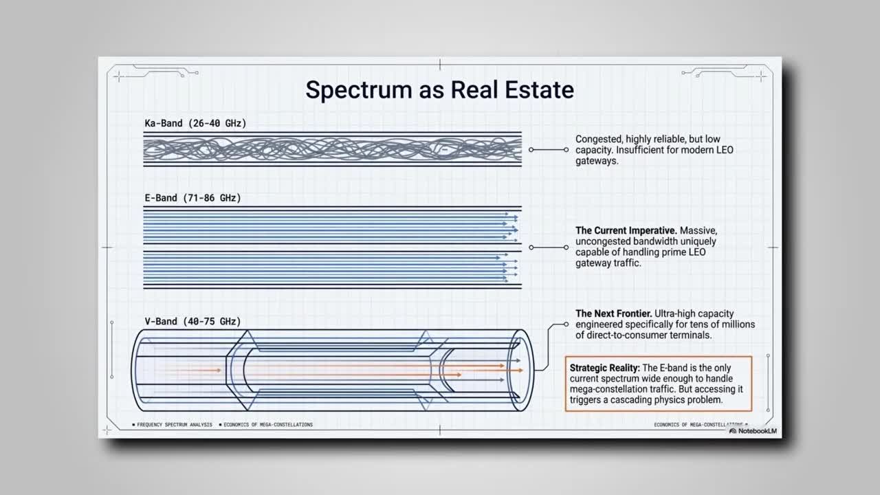 Infographic comparing Ka-Band (26-40 GHz), E-Band (71-86 GHz), and V-Band (40-75 GHz) frequency spectrum, with E-Band highlighted as the current imperative for LEO satellite gateway traffic