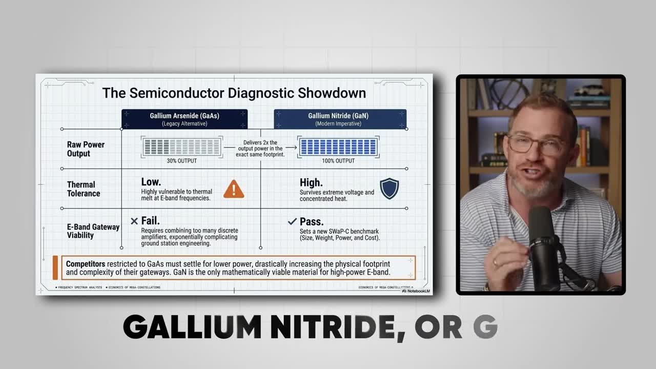 Infographic comparing Gallium Arsenide (GaAs) vs Gallium Nitride (GaN) across Raw Power Output, Thermal Tolerance, and E-Band Gateway Viability, showing GaN as the superior modern semiconductor material