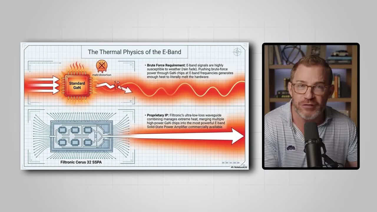 Infographic comparing Standard GaN chips (which melt/distort under E-band power) vs. Filtronic Cirrus 32 SSPA which uses proprietary ultra-low-loss waveguide combining to manage extreme heat across multiple high-power GaN chips