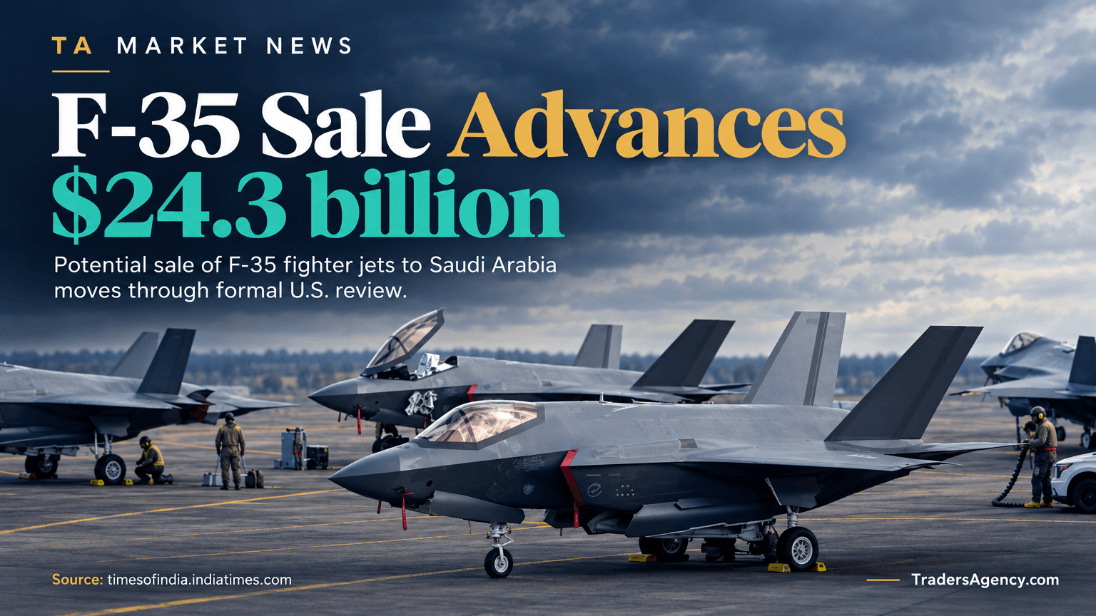 F-35 fighter jets lined up on a tarmac, representing the proposed Saudi arms sale.