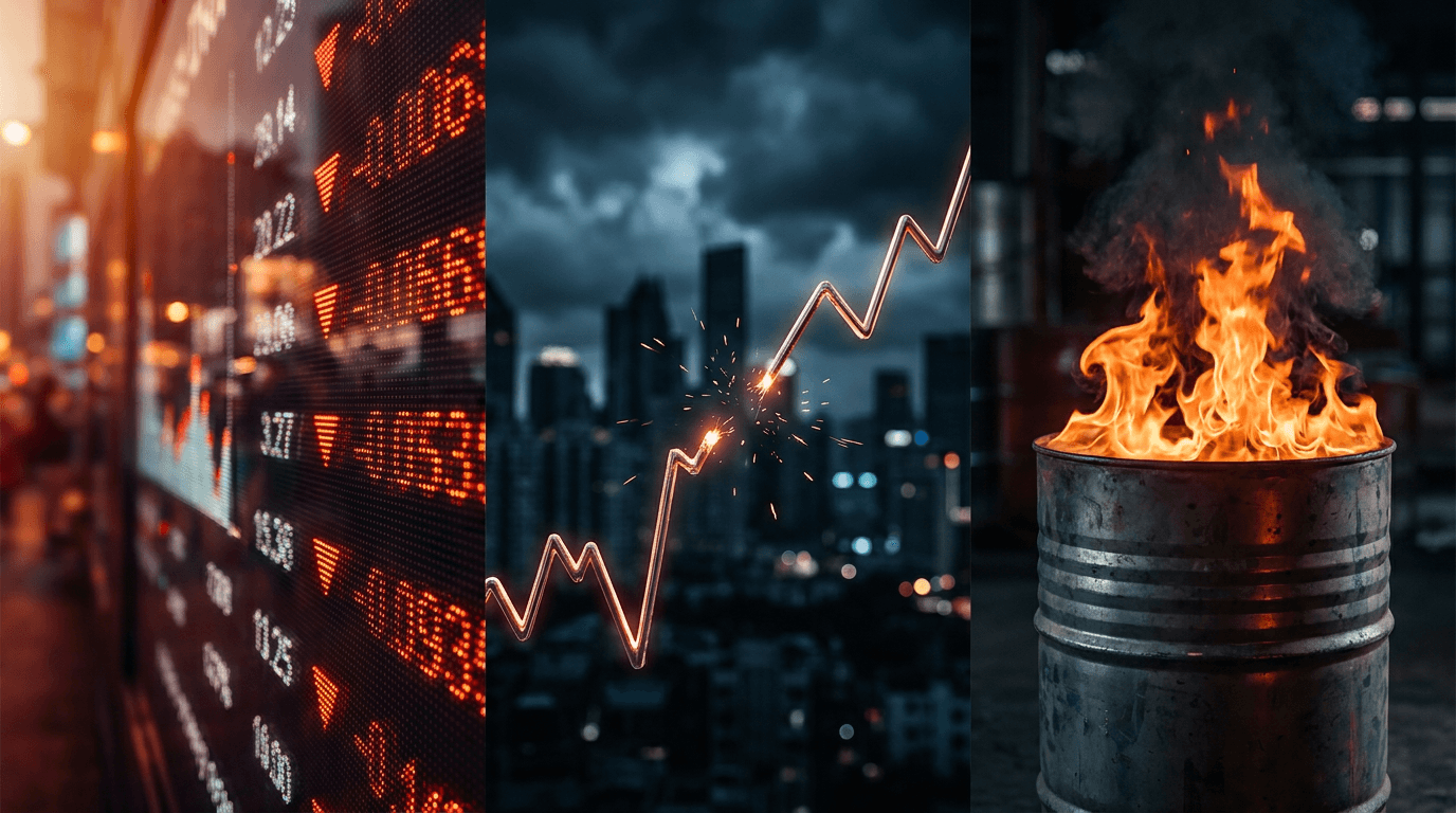 A dramatic split-screen visual showing a glowing Nasdaq stock ticker board with red downward arrows on one side, contrasted against a fiery oil barrel or flame representing surging energy prices on the other.