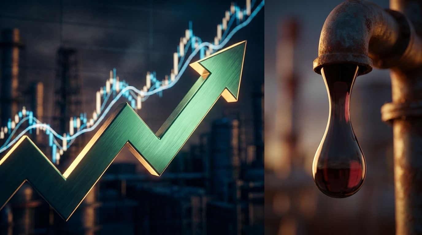 A split-scene composition showing a bold upward-trending green arrow or stock chart line surging dramatically against a dark background, symbolizing the sharp market reversal.