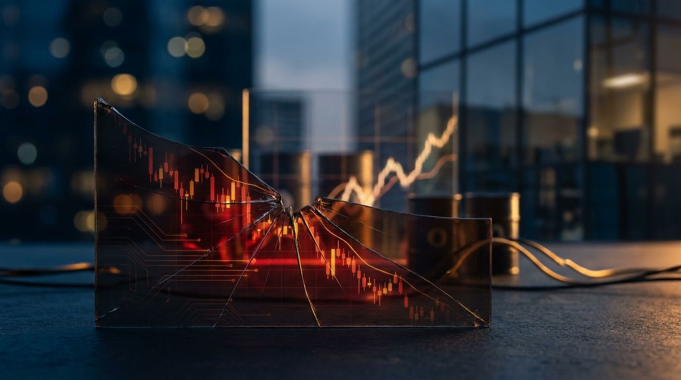 A dramatic downward-trending stock chart rendered in deep red dominates the frame, with glowing AI circuit patterns and a tech chip overlay fading into the background.