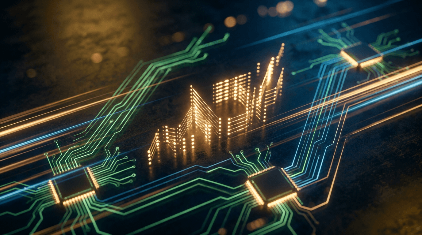A dramatic upward-sweeping stock market chart rendered in bold green against a dark background, with the iconic Dow Jones ticker display glowing at the center, symbolizing the historic 53,000 milestone.