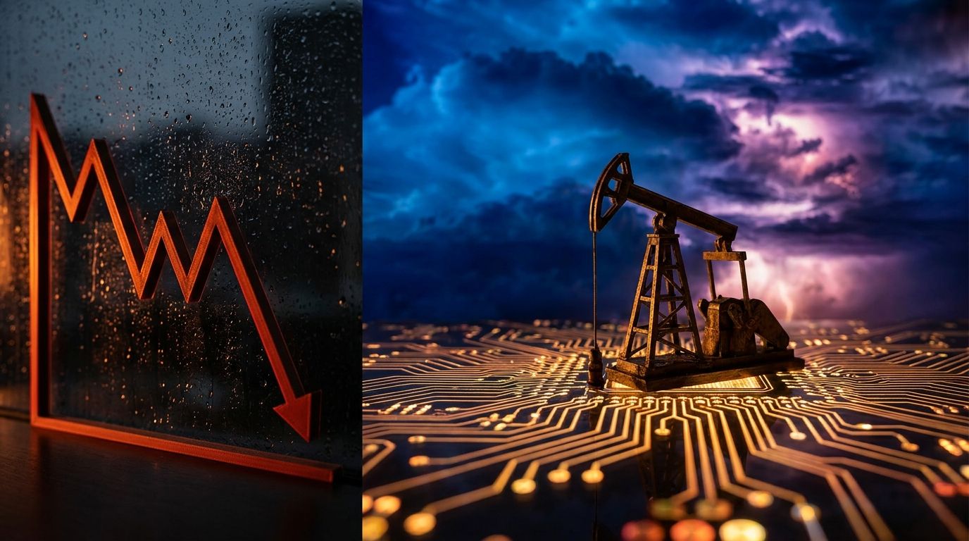 A split-composition image showing a downward-trending stock market graph in deep red on one side, with glowing AI circuit board patterns and an oil derrick silhouette on the other, all bathed in a tense, dramatic amber and red lighting.