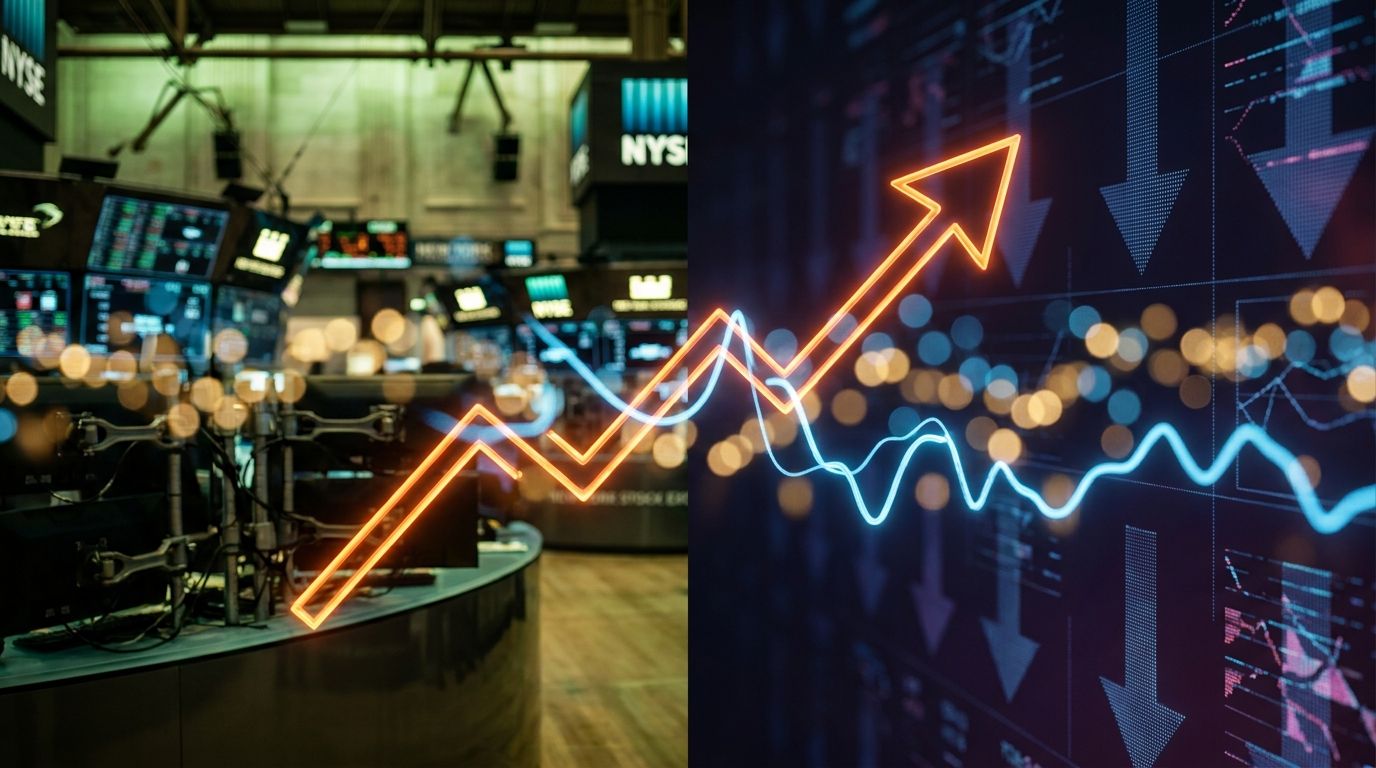 A split-screen composition showing the New York Stock Exchange trading floor on one side bathed in warm green light, contrasted against a darker, cooler-toned side featuring glowing tech stock screens with downward arrows.