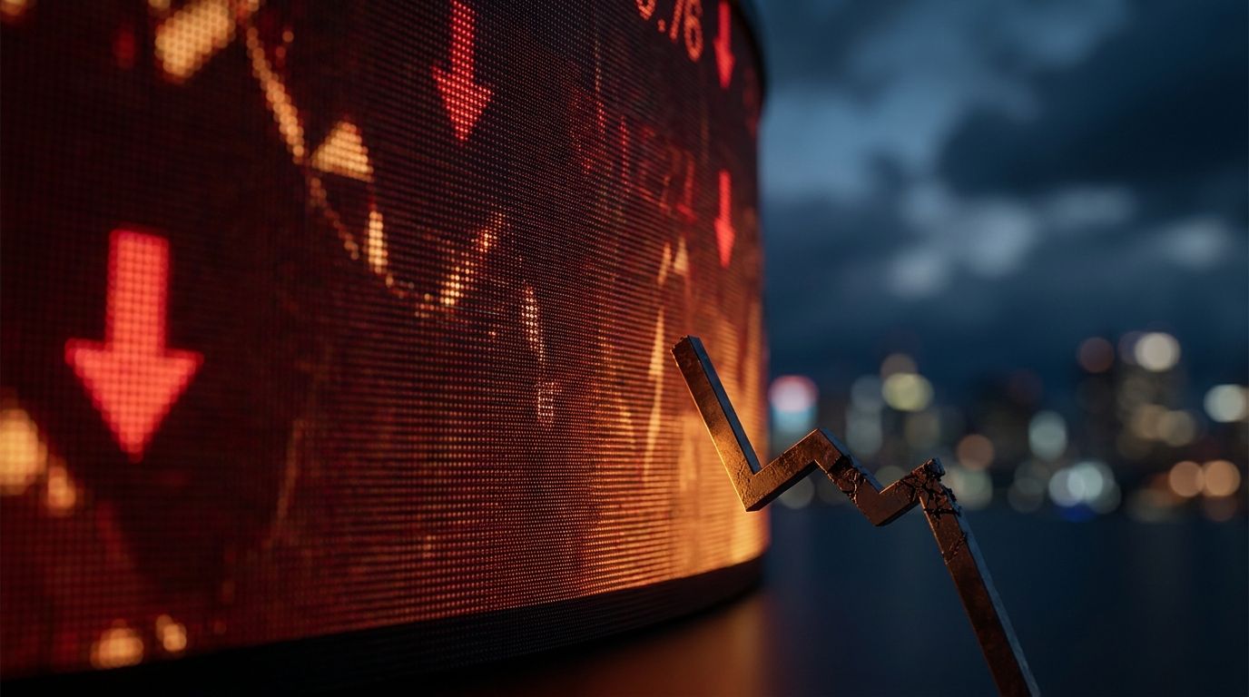 A dramatic close-up of a stock market ticker board or digital trading screen displaying red downward arrows and falling numbers, bathed in a tense red and amber glow.