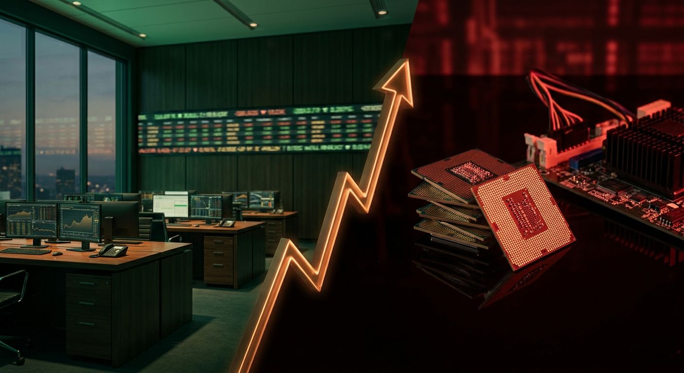 A split-screen composition showing the New York Stock Exchange trading floor on one side bathed in warm green light, contrasting sharply with a cluster of glowing semiconductor microchips on the other side cast in deep red.