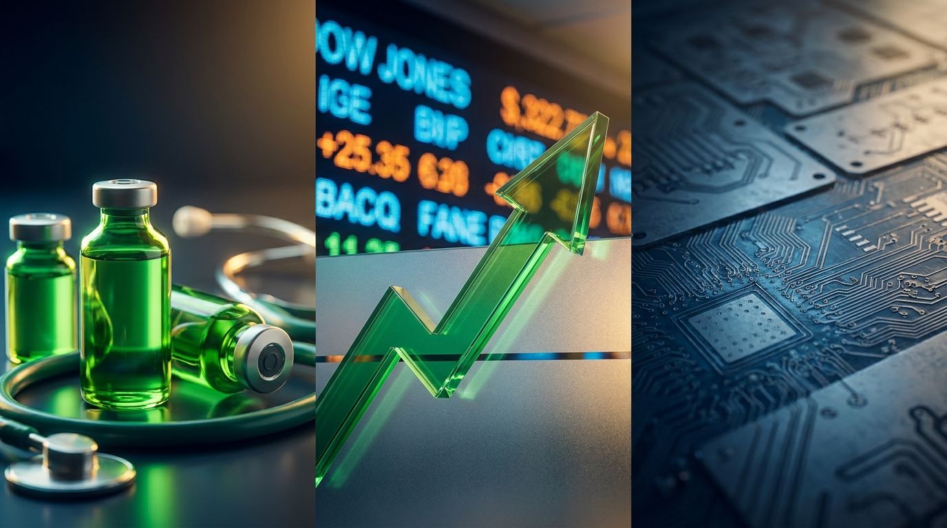 A split-screen composition showing an upward-surging green arrow or stock chart line breaking through a record high level, with a bold Dow Jones ticker display glowing in the background.