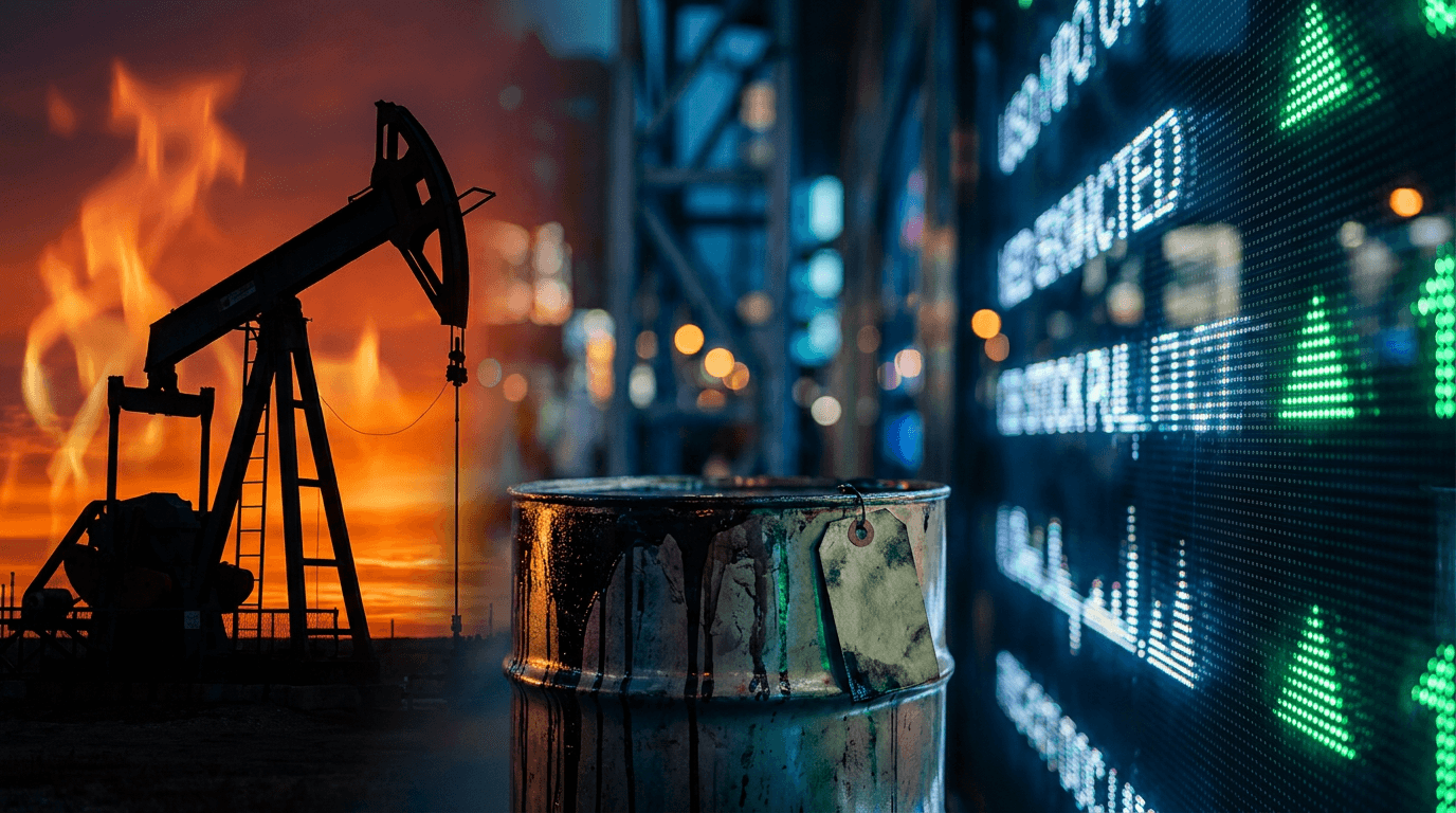 A dramatic split-screen composition showing a surging oil derrick or pump jack silhouetted against a fiery orange sky on one side, with a glowing stock market ticker board displaying green upward arrows on the other.