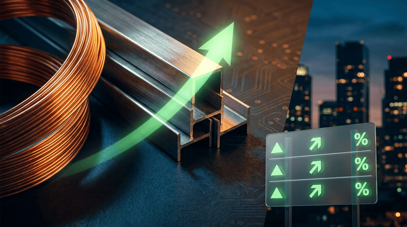 A dynamic split-scene composition showing raw industrial materials — gleaming copper coils, steel beams, or mining equipment — bathed in warm upward-trending green light, symbolizing the materials sector leading the market rally.