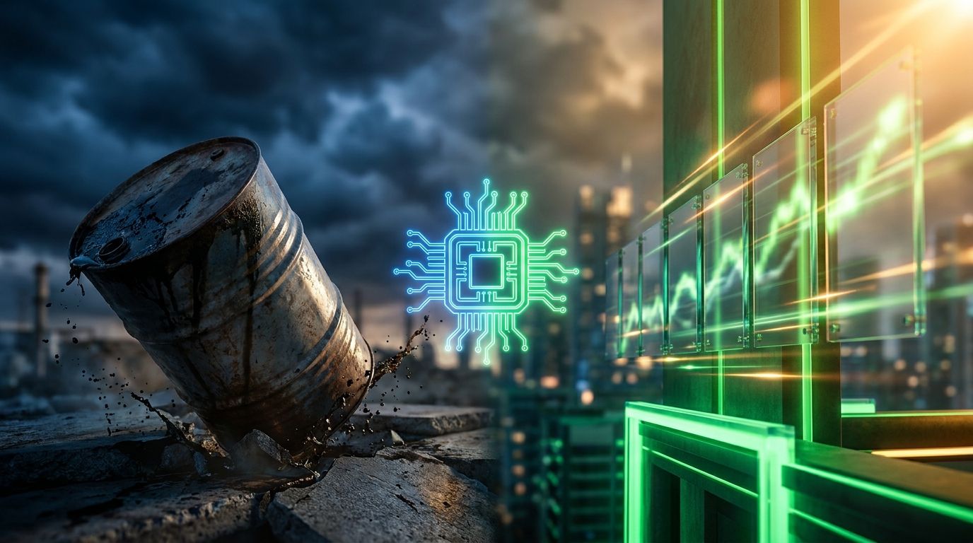 A dramatic split-scene composition showing a crashing oil barrel plummeting downward on one side, while on the other side a glowing green stock market ticker board surges upward, bathed in bright light.