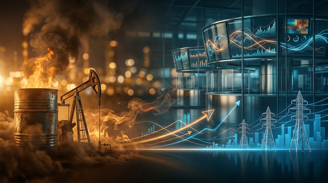 A dramatic split-scene composition showing an oil derrick or barrel with flames/rising smoke on one side, casting a warm orange glow that transitions into a stock market trading floor or financial chart display on the other side.