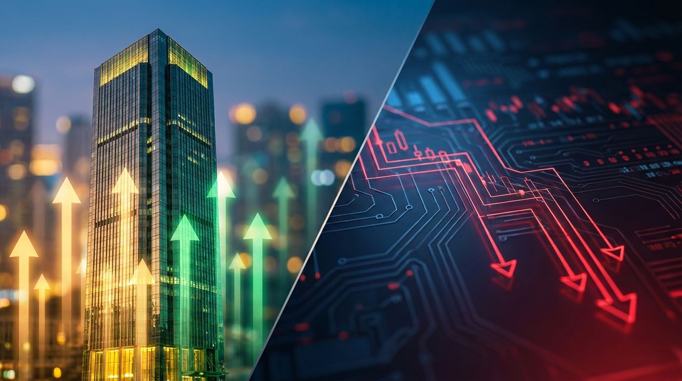 A split-screen composition showing a modern glass skyscraper or residential building bathed in warm golden upward light on one side, contrasting sharply with a dark, downward-trending stock chart or glowing circuit board/microchip sinking i