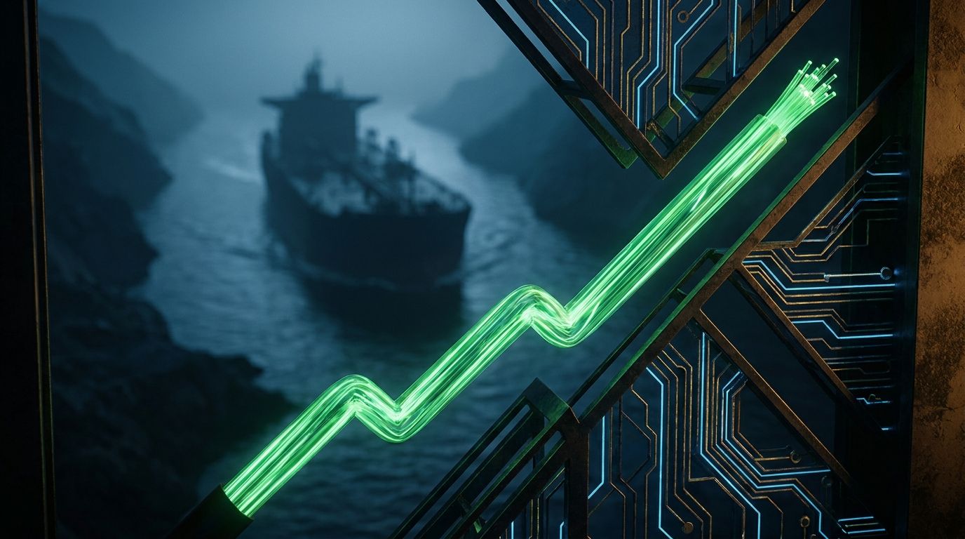 A dramatic upward-trending stock chart line in bold green bursts through the frame against a dark navy background, with a glowing Nvidia-style circuit chip graphic subtly integrated into the composition.