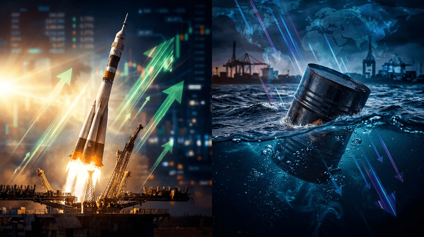 A dramatic split-screen composition showing a rocket launching skyward on one side, bathed in golden light and surrounded by rising green stock chart arrows, while on the other side an oil barrel sinks downward into dark, turbulent waters.