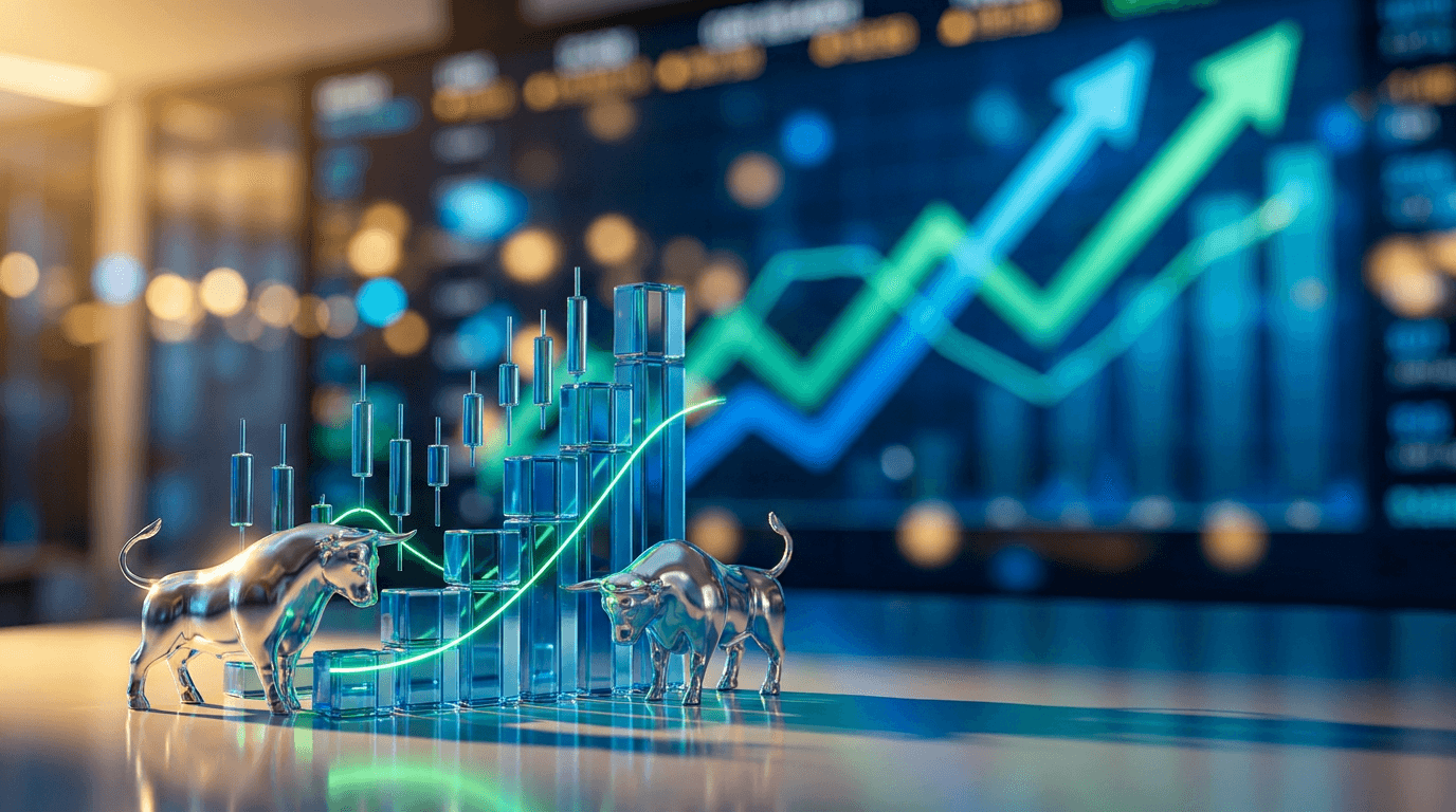 A dynamic financial trading floor or digital stock ticker board glowing with green upward arrows and rising bar charts, dominated by a vibrant blue-and-silver color palette to evoke the technology sector's leadership.