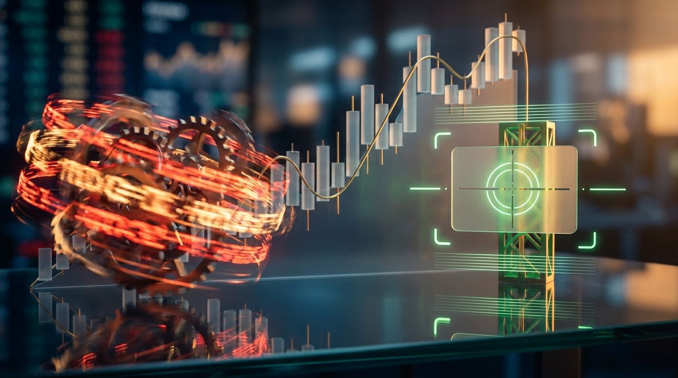 A split-screen trading interface concept showing two contrasting scenarios: one side depicting a chaotic, blurred price ticker in motion representing an uncontrolled market order, and the other side showing a clean, precise price level with