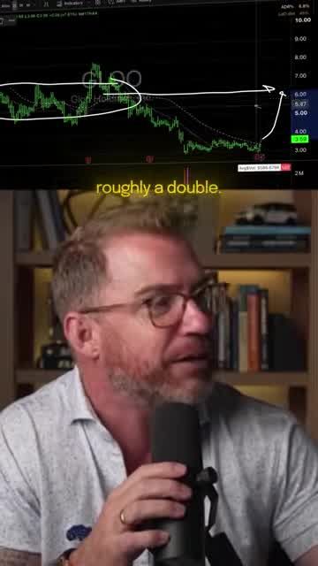 Candlestick chart with hand-drawn arrow showing a potential move toward six or seven bucks, roughly doubling from current levels
