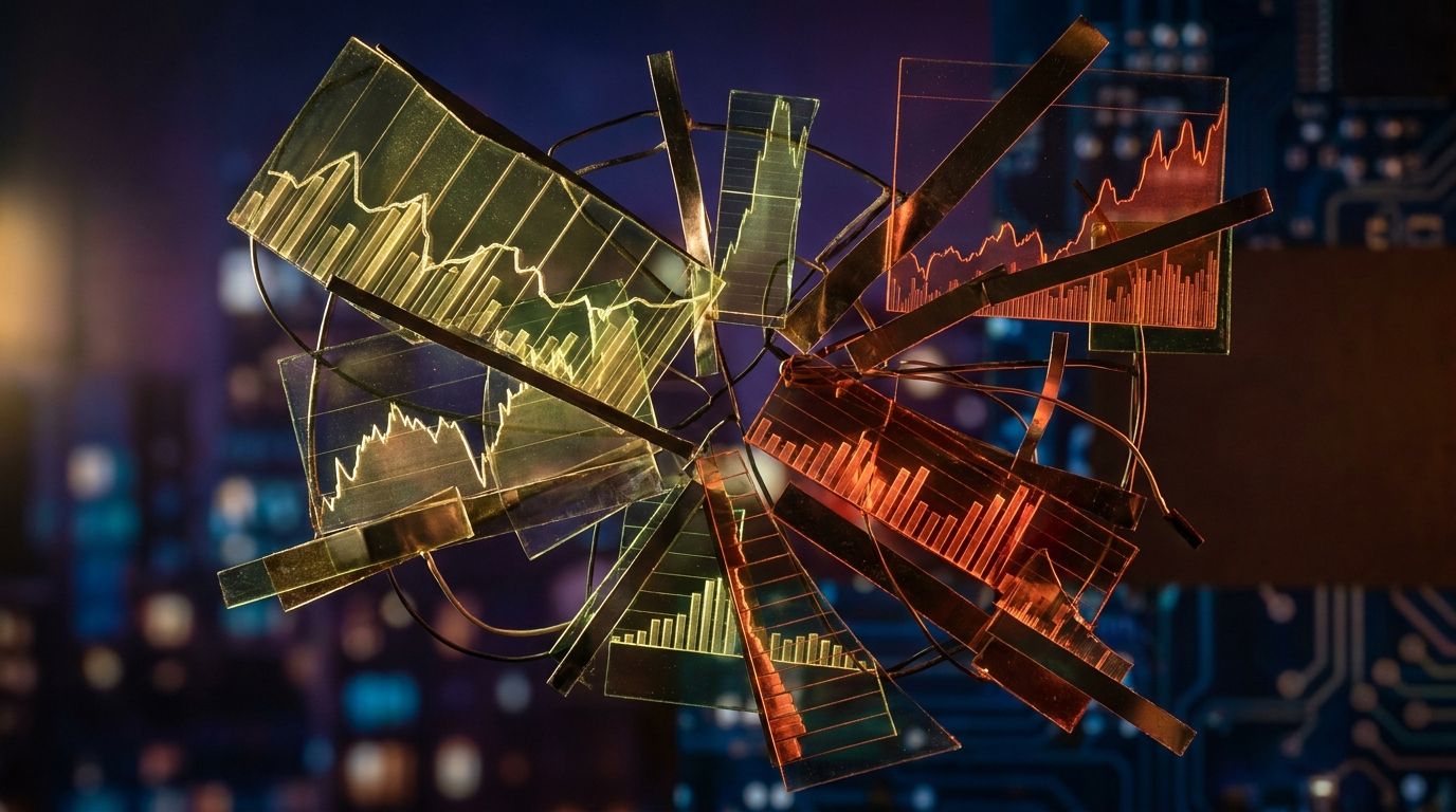 A split-screen or fragmented mosaic of stock market charts and graphs, with some sections glowing green and others red, visually representing the chaotic and contradictory nature of market movements. The image should feel dynamic and slightly disorganized — perhaps with chart lines pulling in different directions or puzzle pieces that don't quite fit together. This captures the core message that markets are messy, multi-directional, and resist being forced into a single neat narrative.
