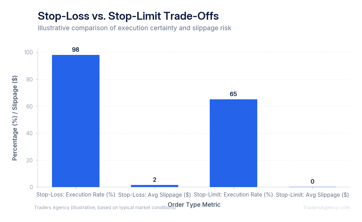 Bar chart comparing execution likelihood and slippage between stop-loss (guaranteed fill, possible slippage) and stop-limit (no fill risk, but may not execute)