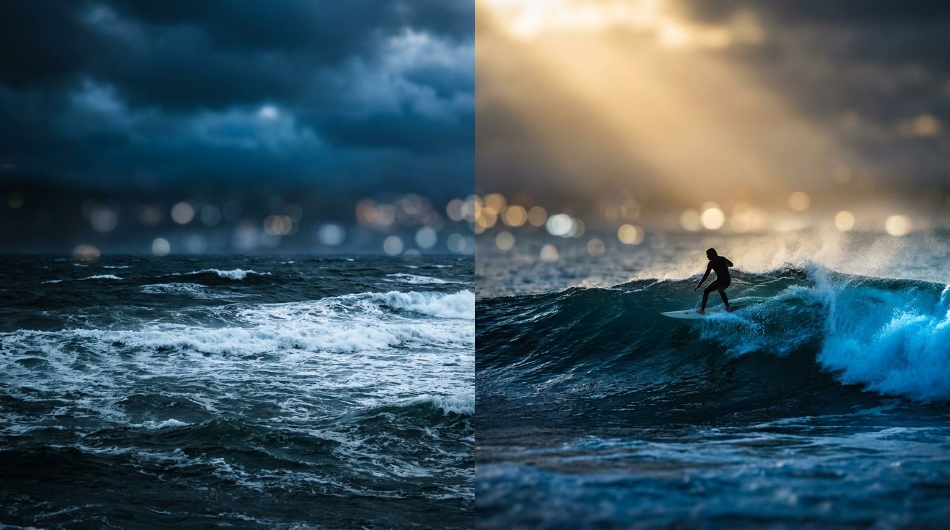 A dramatic split image showing stormy, turbulent ocean waves on one side transforming into a surfer confidently riding those same powerful waves on the other side. The contrast between chaos and mastery visually captures the core message that volatility is an opportunity rather than a threat. Bold, dynamic lighting with deep blues and electric whites would make the image immediately striking as a thumbnail.