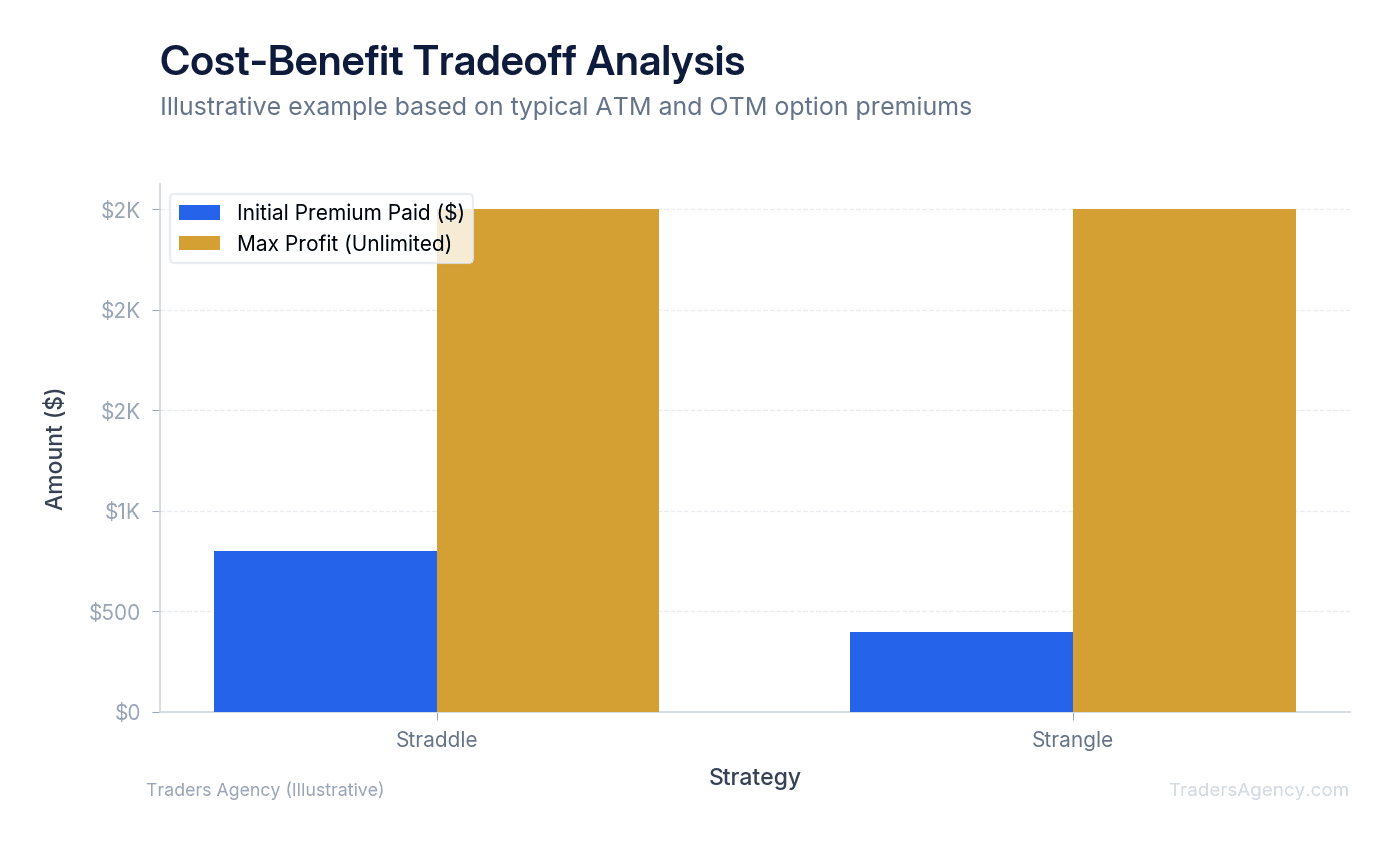 Bar chart comparing the upfront premium cost and maximum profit potential for straddle and strangle strategies