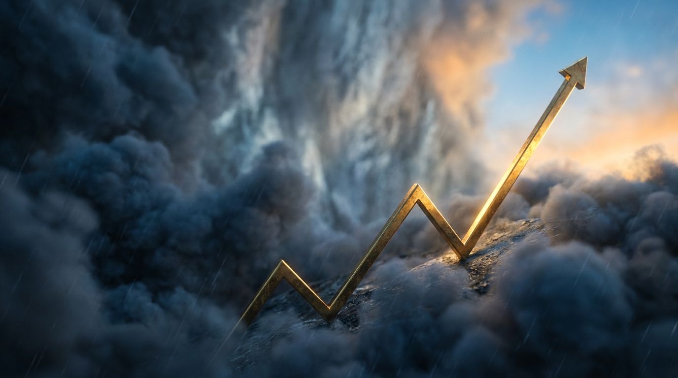 A bold upward-trending chart line bursting through storm clouds against a dramatic sky, symbolizing economic strength defying gloomy expectations. The contrast between dark, turbulent clouds on the left and bright, clear sky on the right visually captures the gap between negative headlines and surprisingly strong underlying data. Golden light illuminates the rising line, reinforcing the theme of hidden opportunity emerging from widespread pessimism.