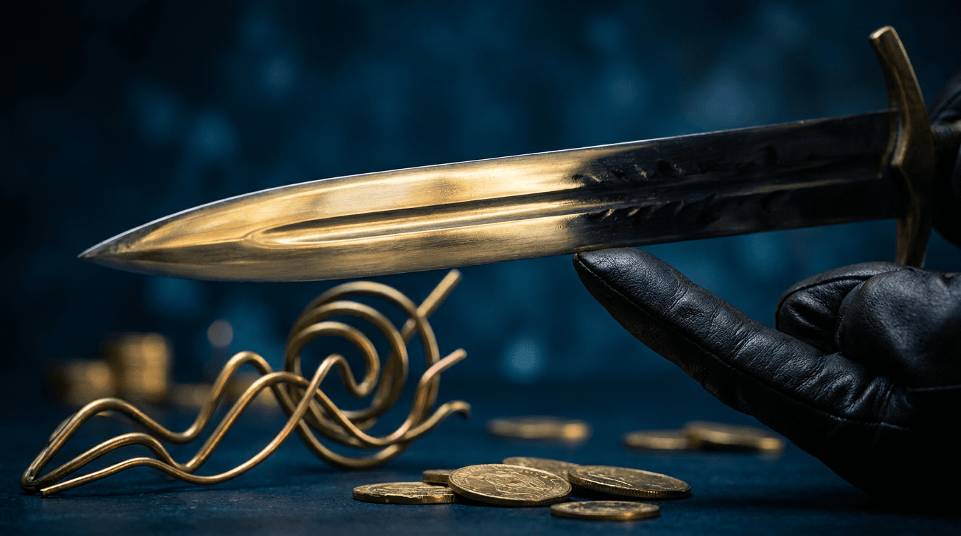 A sharp double-edged sword balanced on a single fingertip against a dramatic dark background, with one side gleaming brilliantly and the other side shadowed and jagged. Golden coins and stock chart lines spiral around the blade, suggesting both the rewards and the hidden dangers of trading strategies. The contrast between light and shadow powerfully conveys the core message that every edge in trading comes with an equally significant cost or risk.