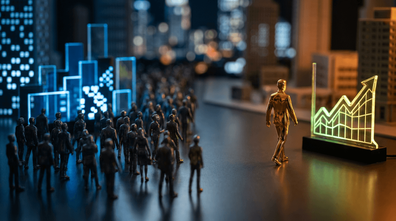 A split composition showing a crowd of people all rushing in one direction toward glowing logos of mega-cap tech giants, while a single contrarian figure calmly walks the opposite way toward a small, bright rising stock chart. The lone figure is lit with warm, golden light suggesting opportunity and clarity, while the crowd is cast in a cooler, bluish hue representing herd mentality. The visual contrast between mass movement and independent thinking immediately communicates the theme of learning