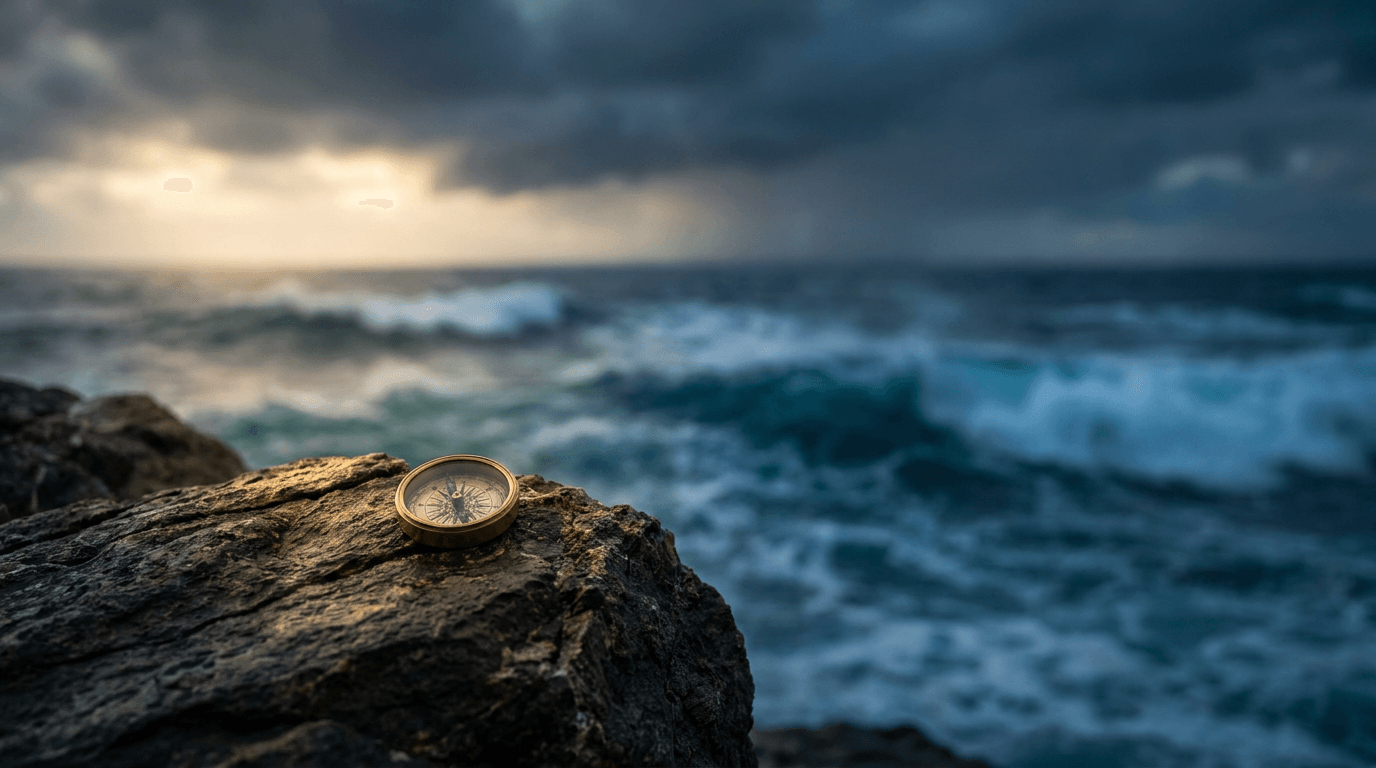 A lone figure stands at the edge of a vast, stormy ocean, appearing small and humbled against the enormous, churning waves — symbolizing the unpredictable and humbling power of the market. The dramatic contrast between the tiny human silhouette and the overwhelming natural force visually captures the theme of intellectual humility versus overconfidence. The moody, dark sky with a single break of light on the horizon suggests that wisdom and opportunity lie in acknowledging what you don't know.