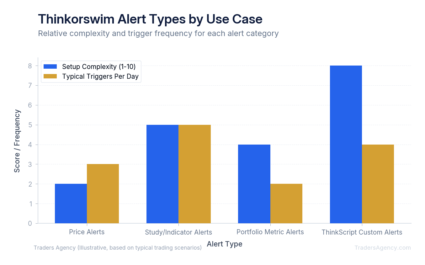 Bar chart comparing typical trigger frequency across price alerts, study alerts, portfolio metric alerts, and ThinkScript custom alerts