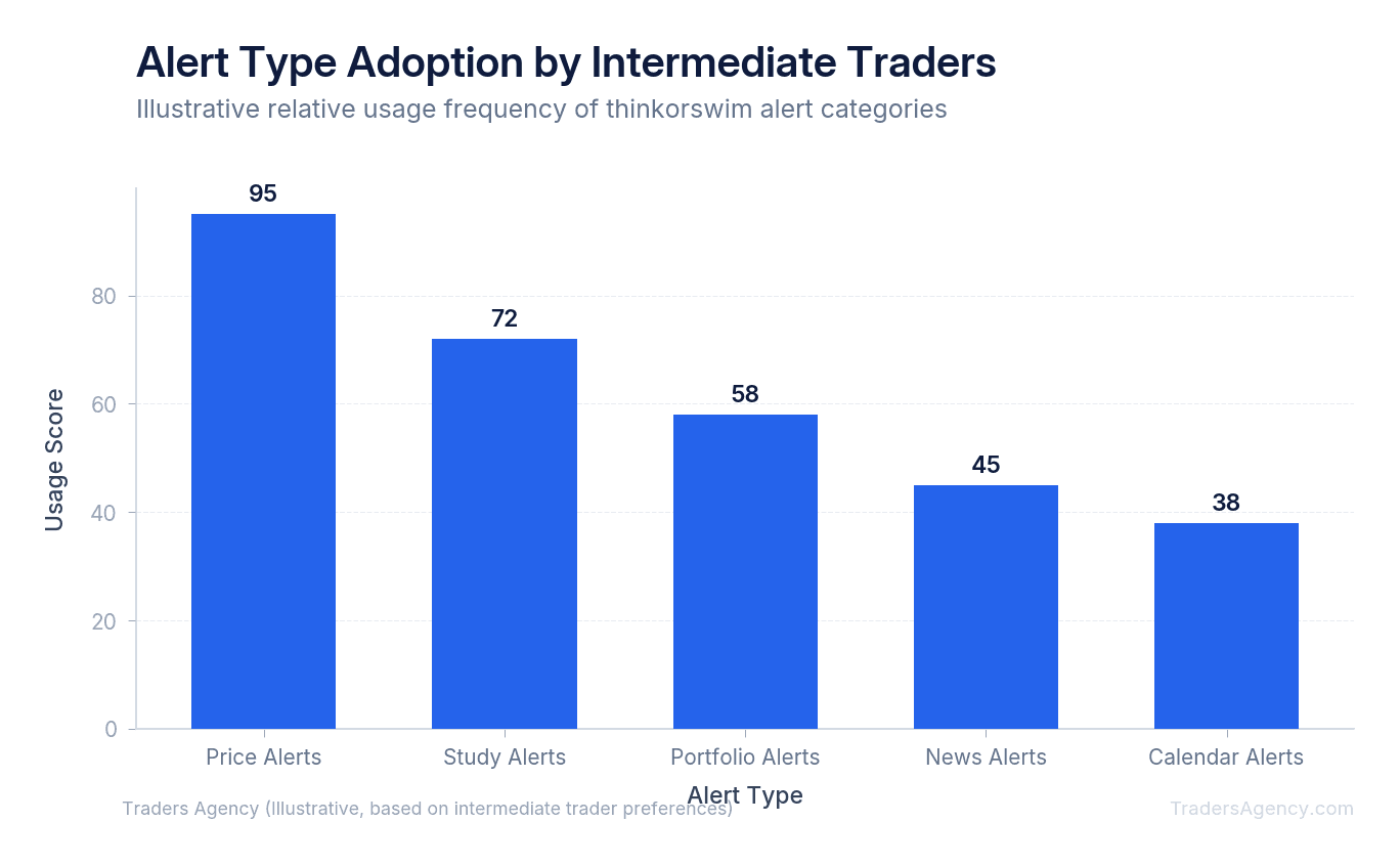 Bar chart comparing frequency of use for price alerts, study alerts, portfolio alerts, news alerts, and calendar alerts among intermediate traders